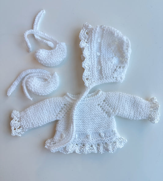 Conjunto punto hecho a mano capota, jersey y patucos bodoques