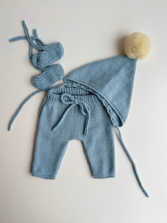 Conjuntos polaina, capota pompón y patucos azul, para muñeco de 34 Azul viejo