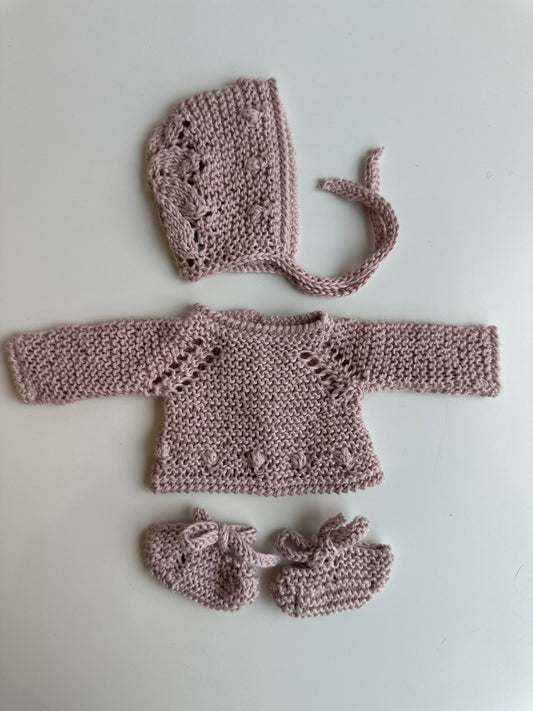 Conjunto punto hecho a mano capota, jersey y patucos bodoques