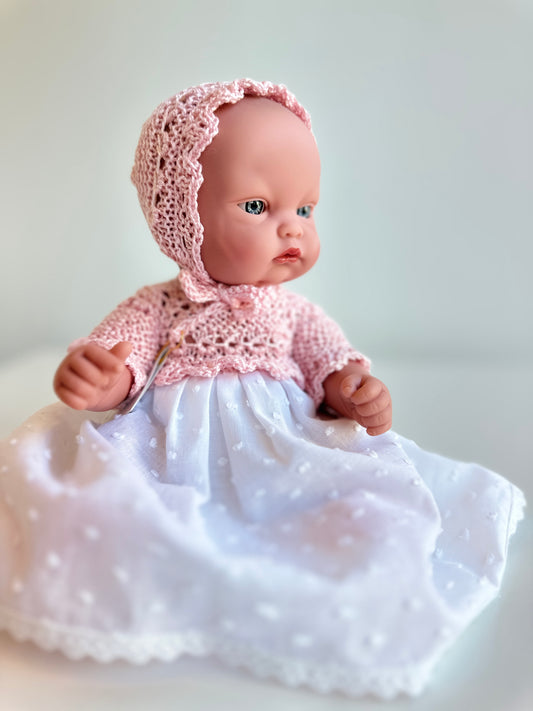 Muñeco 28 centímetros Así con faldón y cuerpo de punto rosa